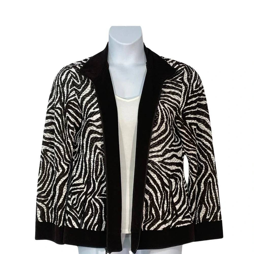 Chico's Sz 2 12-14 L Zip-Up Track Jacket Bomber Style Burnout Zebra Print Brown